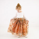 Aurora Burnt Orange Flower Girl Dress Embroidered Floral Overlay. White Lace Top Flower Girl Dress with Rust Orange Tulle Skirt