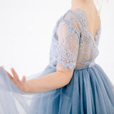 Madeline Dusty Blue Flower Girl Lace Dress. Grey Blue Tulle Flower Girl ace Dress for Weddings, Birthdays and Special Events