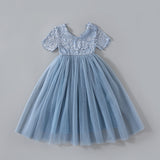 Madeline Dusty Blue Flower Girl Lace Dress. Blue Tulle Flower Girl Lace Dress