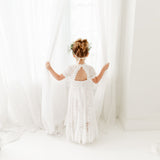 White Short Sleeve Flower Girl Lace Dress. White Short Sleeve High Neck Flower Girl Lace Dress