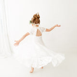 White Short Sleeve High Neck Flower Girl Lace Dress
