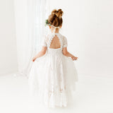 White Short Sleeve High Neck Flower Girl Lace Dress