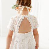 White Short Sleeve High Neck Flower Girl Lace Dress