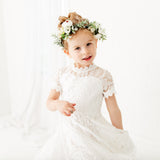 White Short Sleeve High Neck Flower Girl Lace Dress