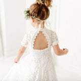 White Short Sleeve High Neck Flower Girl Lace Dress