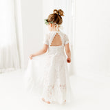White Short Sleeve High Neck Flower Girl Lace Dress