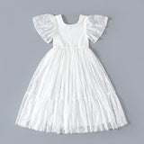 Zoey Long White Lace Dress. Long Ivory White Flower Girl Lace Dress with Short Butterfly Sleeves