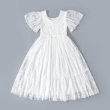White Zoey Long White Lace Dress. Long Ivory White Flower Girl Lace Dress for Special Events