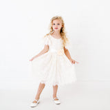ivory Camila Flower Girl Lace Dress for Birthdays, Weddings and Special Occasions. Short Sleeve White Lace Tulle Dress for Summer Days and Night
