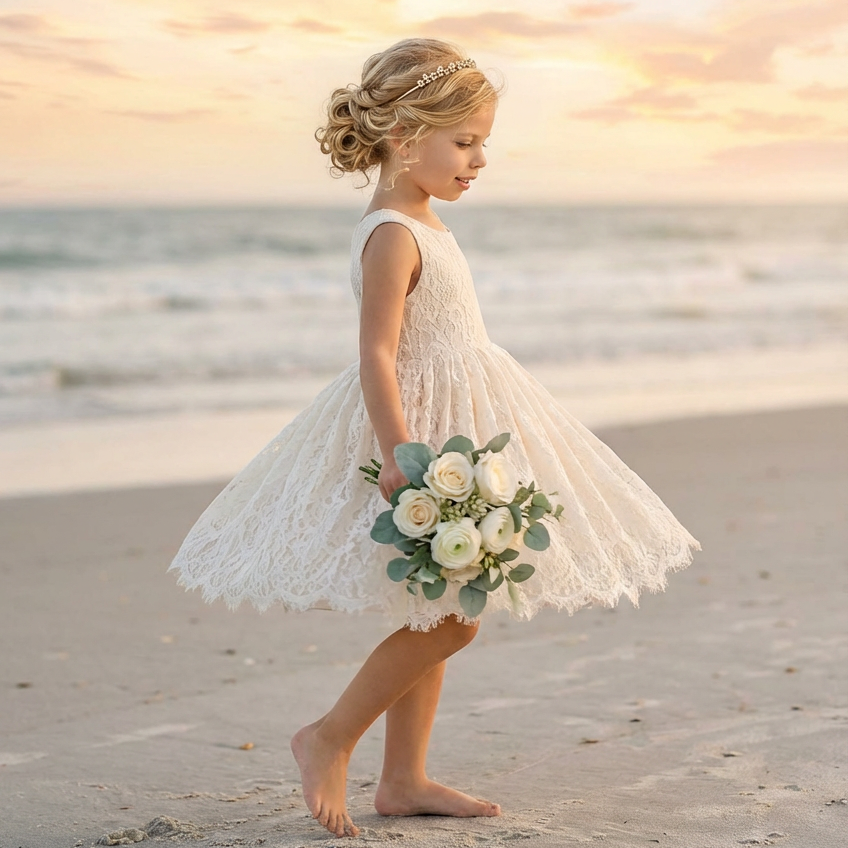 Nicolette's Couture Ivory V-back Lace Dress for Girls, Size 4