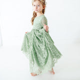 Sage Green Long Sleeve Flower Girl Lace Dress for Summer Birthdays, Garden Parties, Weddings, Events