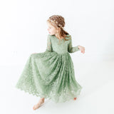 Sage Green Long Sleeve Flower Girl Lace Dress for Weddings, Birthdays, Parties and Special Events