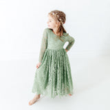 Sage Green Long Sleeve Flower Girl Lace Dress
