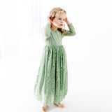 Sage Green Long Sleeve Long Flower Girl Lace Dress for Weddings and Special Events