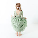 Sage Green Long Sleeve Flower Girl Lace Dress