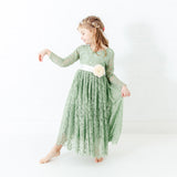 Sage Green Long Sleeve Flower Girl Lace Dress for Birthdays, Garden Parties, Weddings, Events