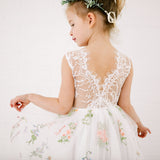 White Sleeveless Embroidered Flower Girl Lace Dress for Summer Weddings, Parties and Birthdays