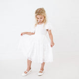 White Camila Flower Girl Lace Dress for Birthdays, Weddings and Special Occasions. Short Sleeve White Lace Tulle Dress for Summer Days and Nights