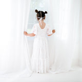 White Zoey Long White Lace Dress. Long White Flower Girl Lace Dress for Special Events.