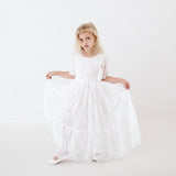 Zoey Long White Lace Dress. Long White Flower Girl Lace Dress for Special Events