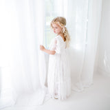 Zoey Long White Lace Dress. Long White Flower Girl Lace Dress for Special Events