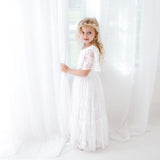Zoey Long White Lace Dress. Long White Flower Girl Lace Dress for Special Events