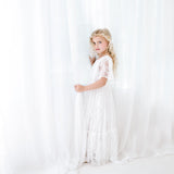 Zoey Long White Lace Dress. Long White Flower Girl Lace Dress for Special Events