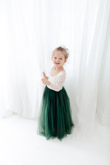 The Jocelyn Dress - Hunter Green Tulle Skirt Dress with White Long Sleeves Top