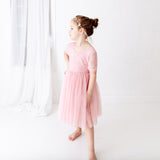 Soft Pink Flower Girl Lace Dress Short Lace Sleeves and Tulle Skirt Dress for Special Events