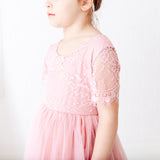 Soft Pink Flower Girl Lace Dress Short Lace Sleeves and Tulle Skirt Dress for Special Events