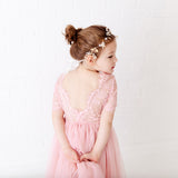 Soft Pink Flower Girl Lace Dress Short Lace Sleeves and Tulle Skirt Dress for Special Events