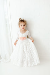 Long baby girl white lace dress, Baptism christening gown dress for girls, baby girls and toddler girls.