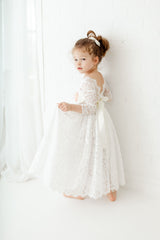 Long flower girl lace dress with long lace sleeves. Baptism christening gown lace dress