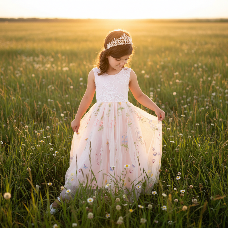 Blossom Embroidered Girls Lace Dress - Nicolette's Couture