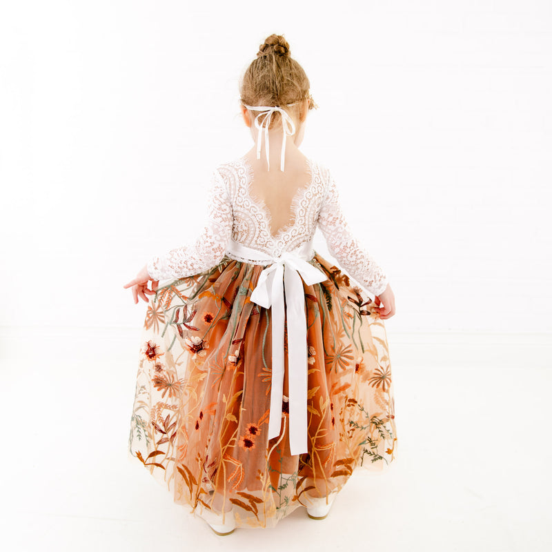 Nicolette's Couture Whimsical Burnt Orange Floral Girl's Dress, 6/7 Nicolette's Couture Whimsical Burnt Orange Floral Girl's Dress, 6/7