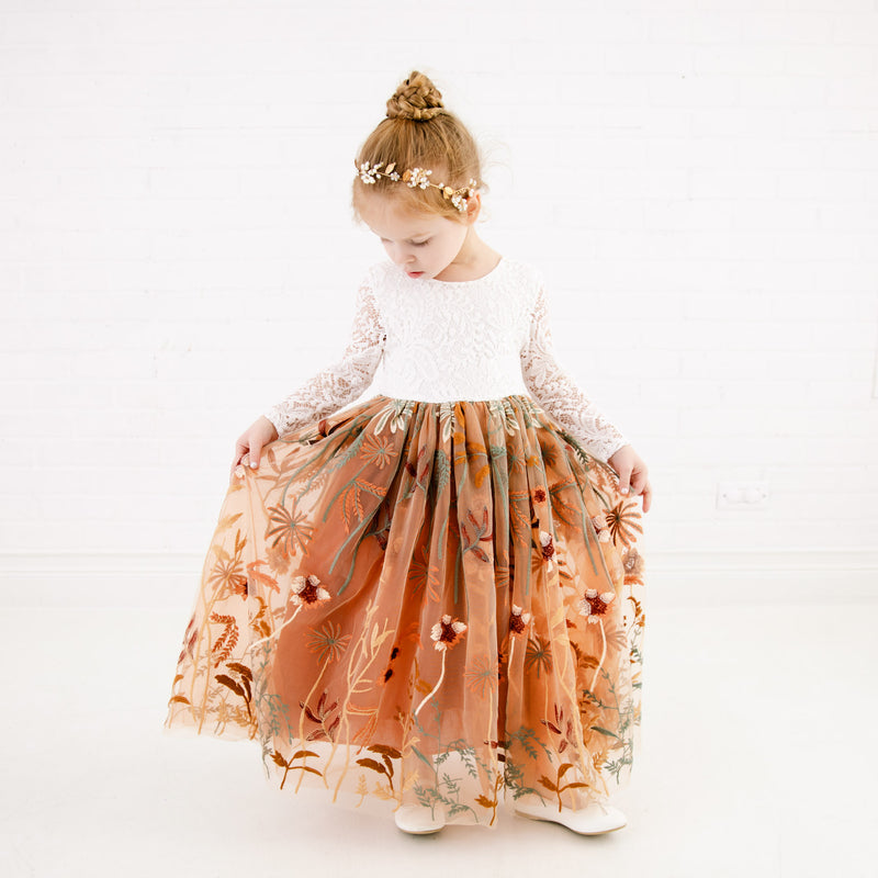 Nicolette's Couture Whimsical Burnt Orange Floral Girl's Dress, 6/7 Nicolette's Couture Whimsical Burnt Orange Floral Girl's Dress, 6/7