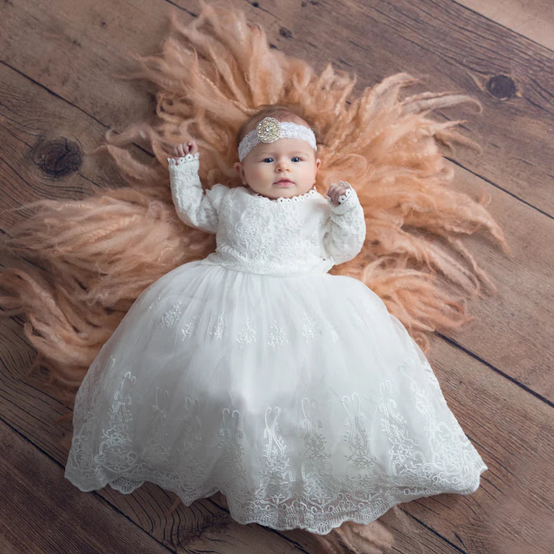 white christening dresses Strasburg Gown, Unisex Baptism Outfit with Bonnet and Cross Embroidery, 6M embroidered cross on the chest is accented with ecru pin tucks on either side Victoria Baptism Dress - Baby