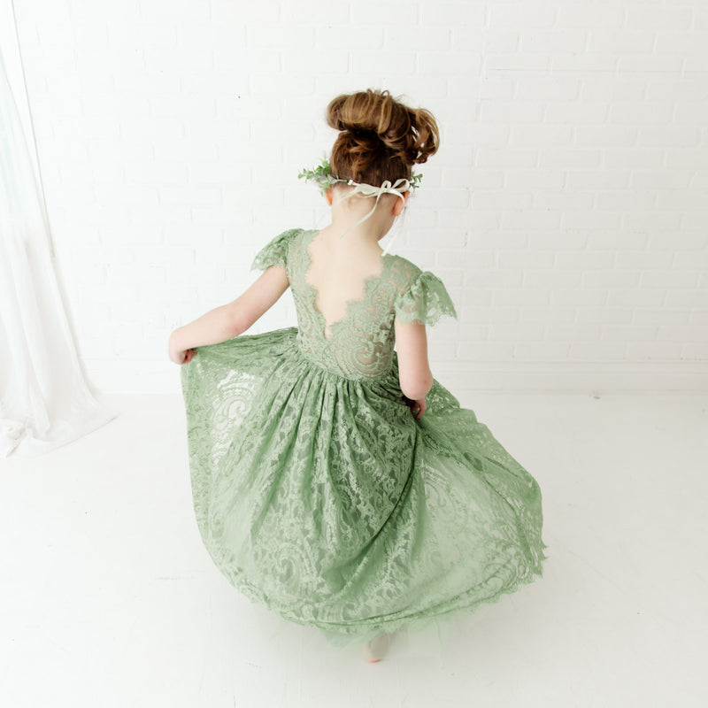 The Fern Sage Green Girls Lace Dress Nicolette's Couture The Fern Sage Green Girls Lace Dress Nicolette's Couture