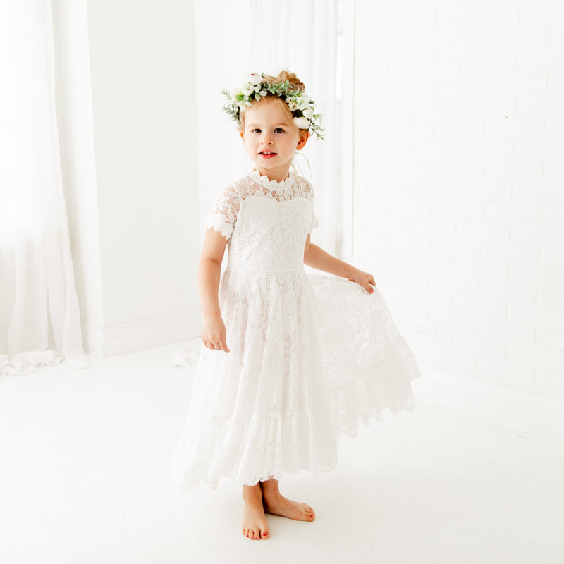 Classic Lace Flower Girl Dress in White Color - The Maya Dress –  Nicolette's Couture