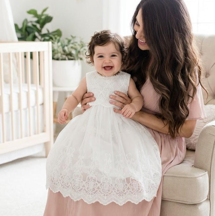 Nicolette's Couture White Lace Christening Gown for Female, 3 months