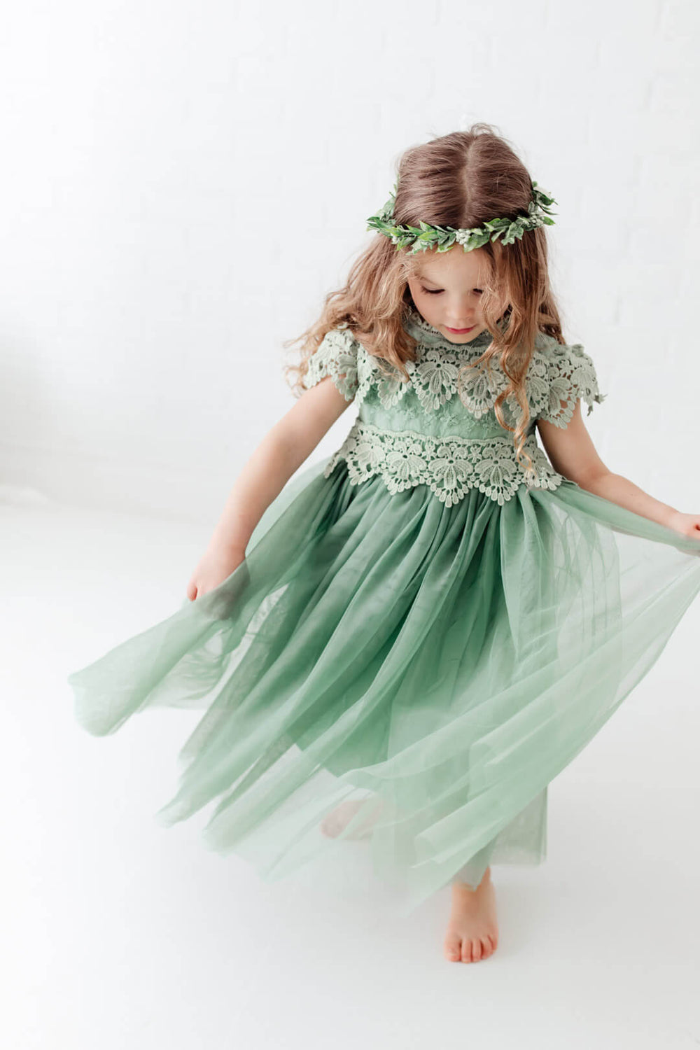 The Sienna A-line Vintage Sage Green Flower Girl Lace Dress