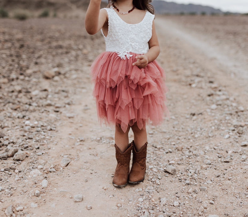 Girl Wearing Flower Girl Dress and Cowboy Shoes