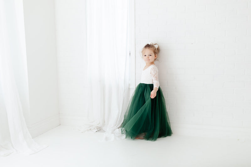 girls hunter green dress Hunter Green Flower Girl Dress, Long Sleeve Velvet Holiday Dress, Girls Wedding Birthday Party Outfit, Embroidered Tulle Special Occasion