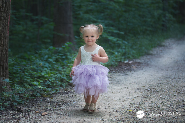 Little Girl Wearing Purple Flower Girl Dress