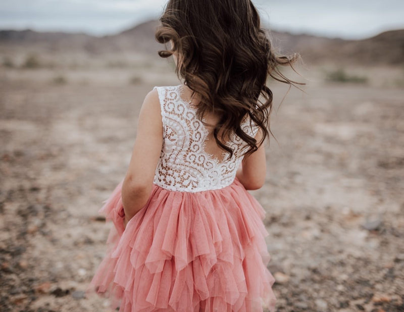 Girl Wearing Rose Color Flower Girl Dress